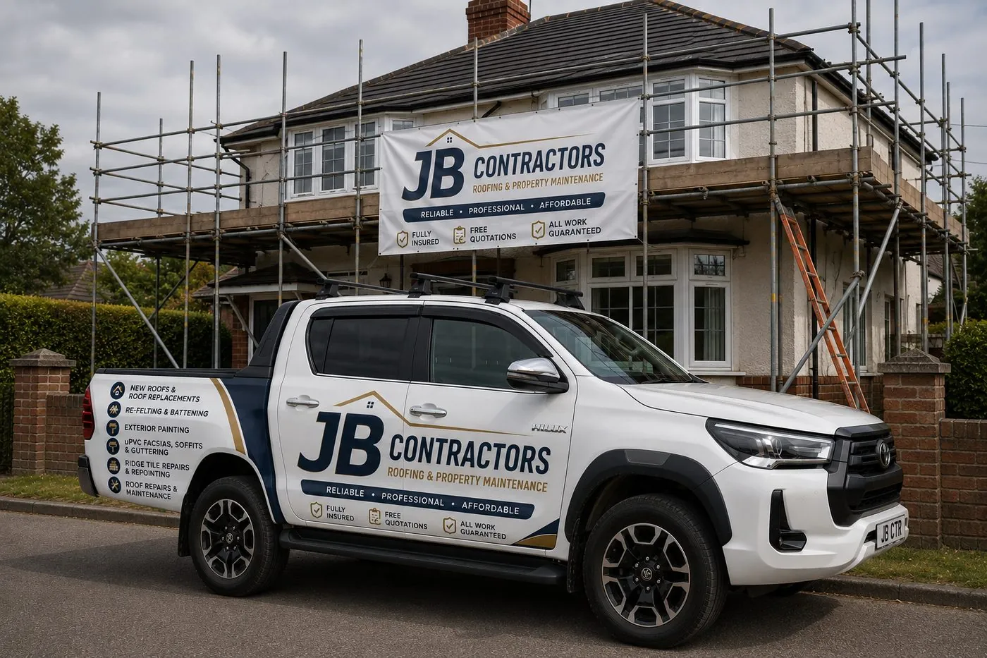 Hayle Roofing pickup truck on site at a scaffolded roofing job in Hayle